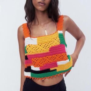 Zara Crochet Crop Top Womens Small Colorblock Boho Summer Festival Beachy